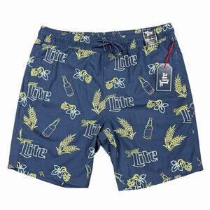 Miller Lite Swim Trunks Men’s Medium Blue Beer Logo Print 7” Inseam Shorts NWT